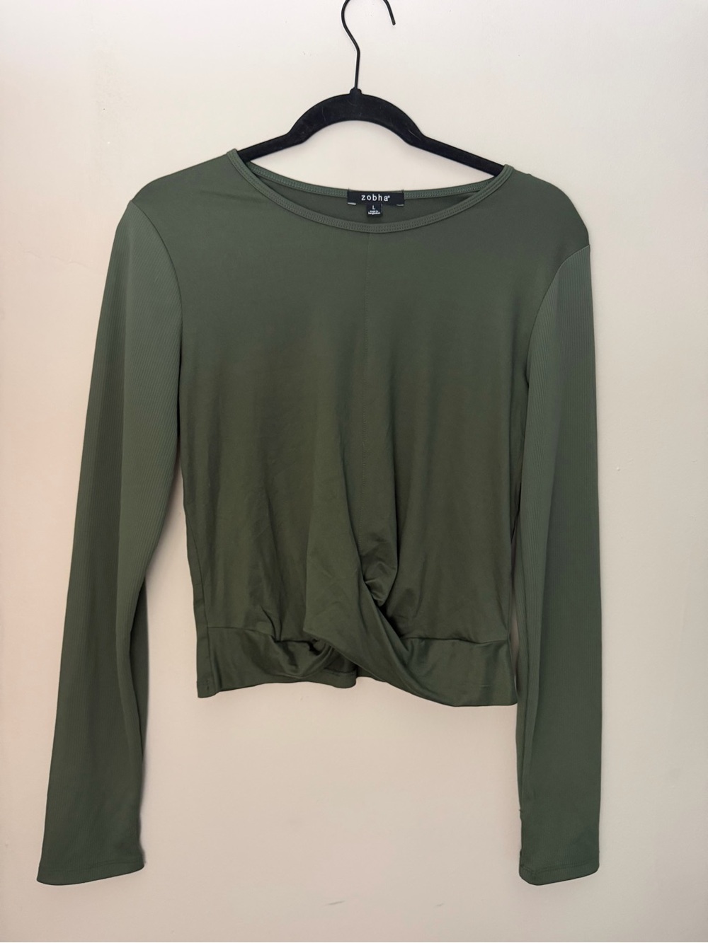 Zobha Olive Green Long-Sleeve Twist Front Top